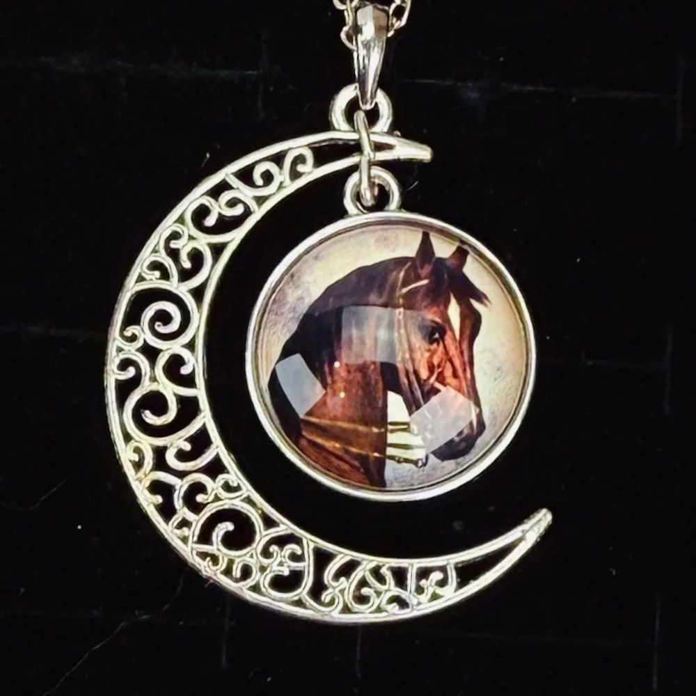 Horse Portrait Crescent Moon Pendant Necklace Silver Tone